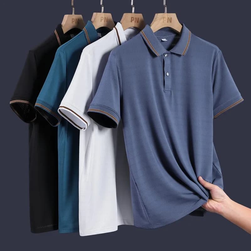 Smart Casual Summer Men's Solid Turn-down Collar Button Ice Silk Quick Drying Trend Versatile Loose Short Sleeve Polo Shirts Top