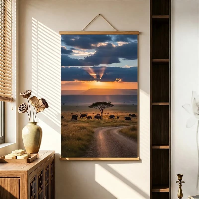 Wall Decorations African Safari Roads and Sunset Grasslands, Pearlescent Canvas Hanging Scroll for Safari Lodge Interior Decor