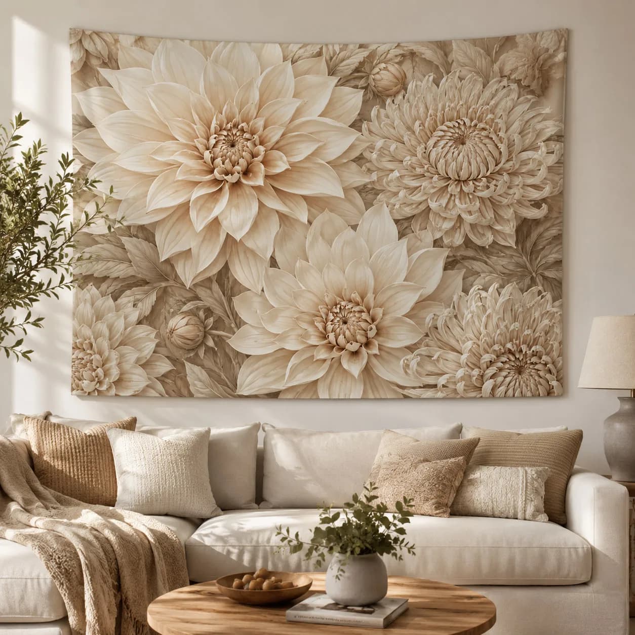 Modern 3D Flower Tapestry Beige Dahlia Floral Wall Hanging Aesthetic Room Decor Elegant Luxury Blankets for Living Room Bedroom