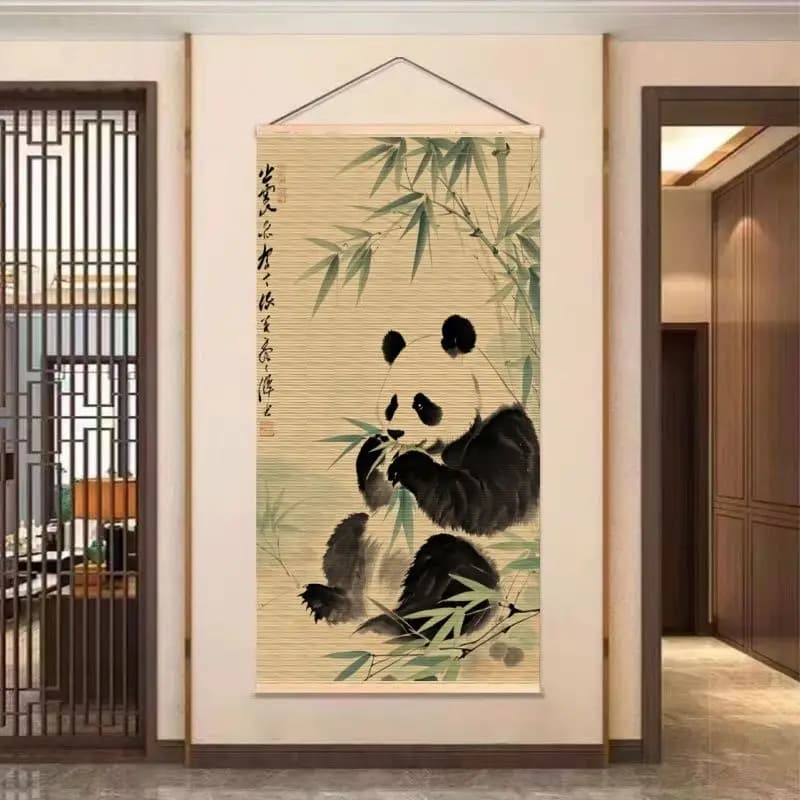 Animal Themed Bamboo Wall Art Minimalist Panda Eating Bamboo for Cat Cafe Pet Store Family Living Room Animal Lovers