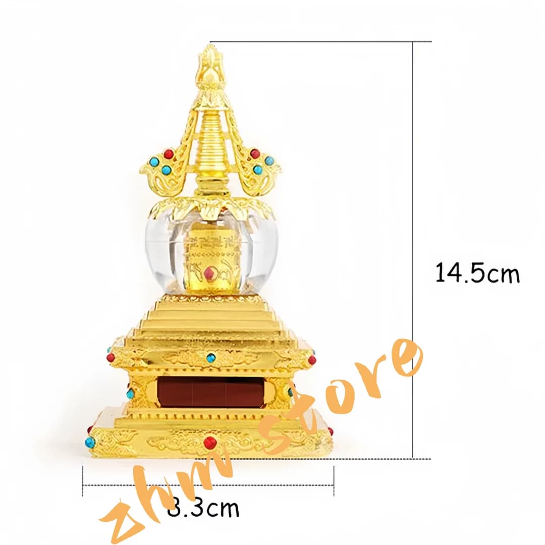Tibetan Suppliers Gold/Silver/Red Copper Colors 14.5cm Alloy Metal Six Words Mantra Solar Energy Stupa Putting Decoration