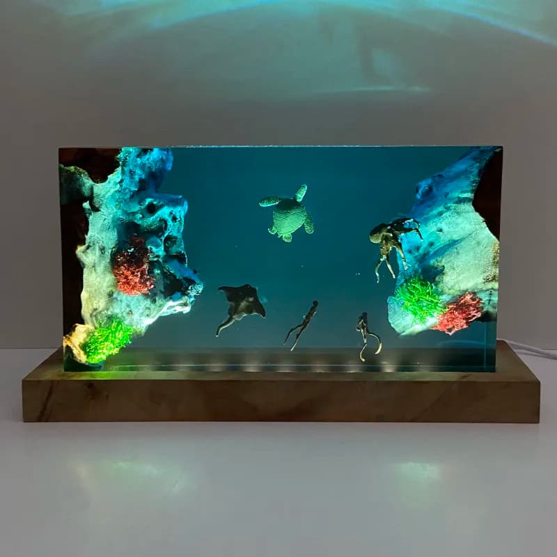 Aquatic World Home Decorative Artwork Craftpiece Solid Wood Resin Lamp Desktop Decor Item Sculpture Gift