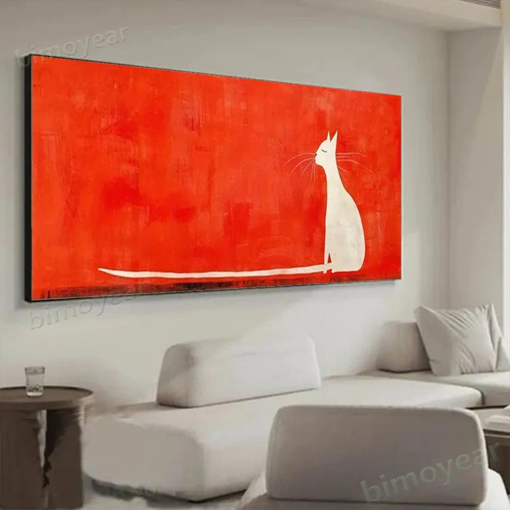100% Hand Painted Abstract Oil Painting A big white cat Wall Art Picture On Canvas Red Mural For Living Room Home Decor Paint
