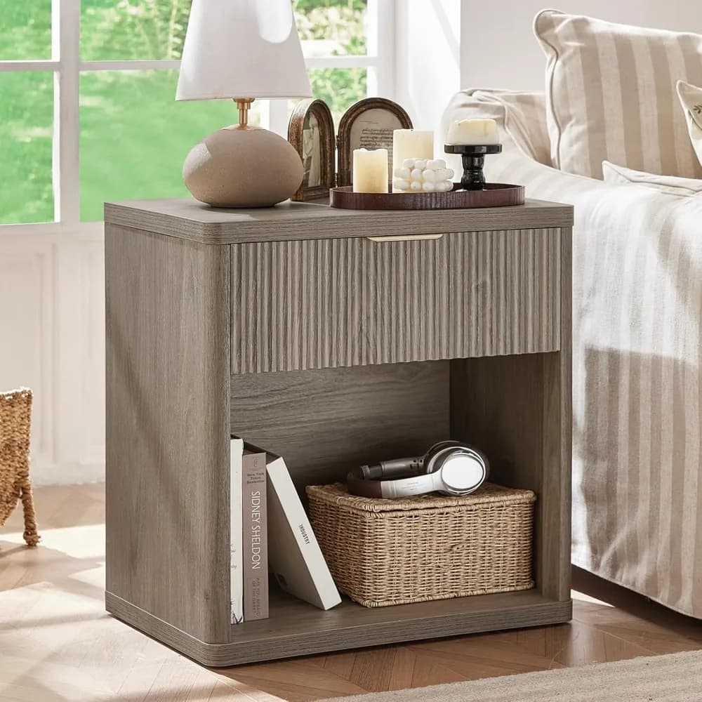 Flute Bedside Table with Charging Station, 23 Wide 1-drawer Coffee Table, Gray Bedside Table with Open Storage Cabinet