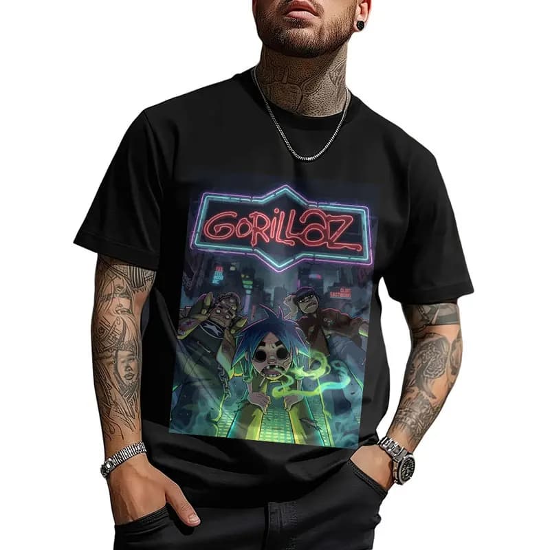 Gorillaz Virtual Rock Band Graphic T‑shirt Unisex Vintage Y2K Tee Hip Hop Streetwear 0824 Casual Cotton Tops S-6XL Fan Gift