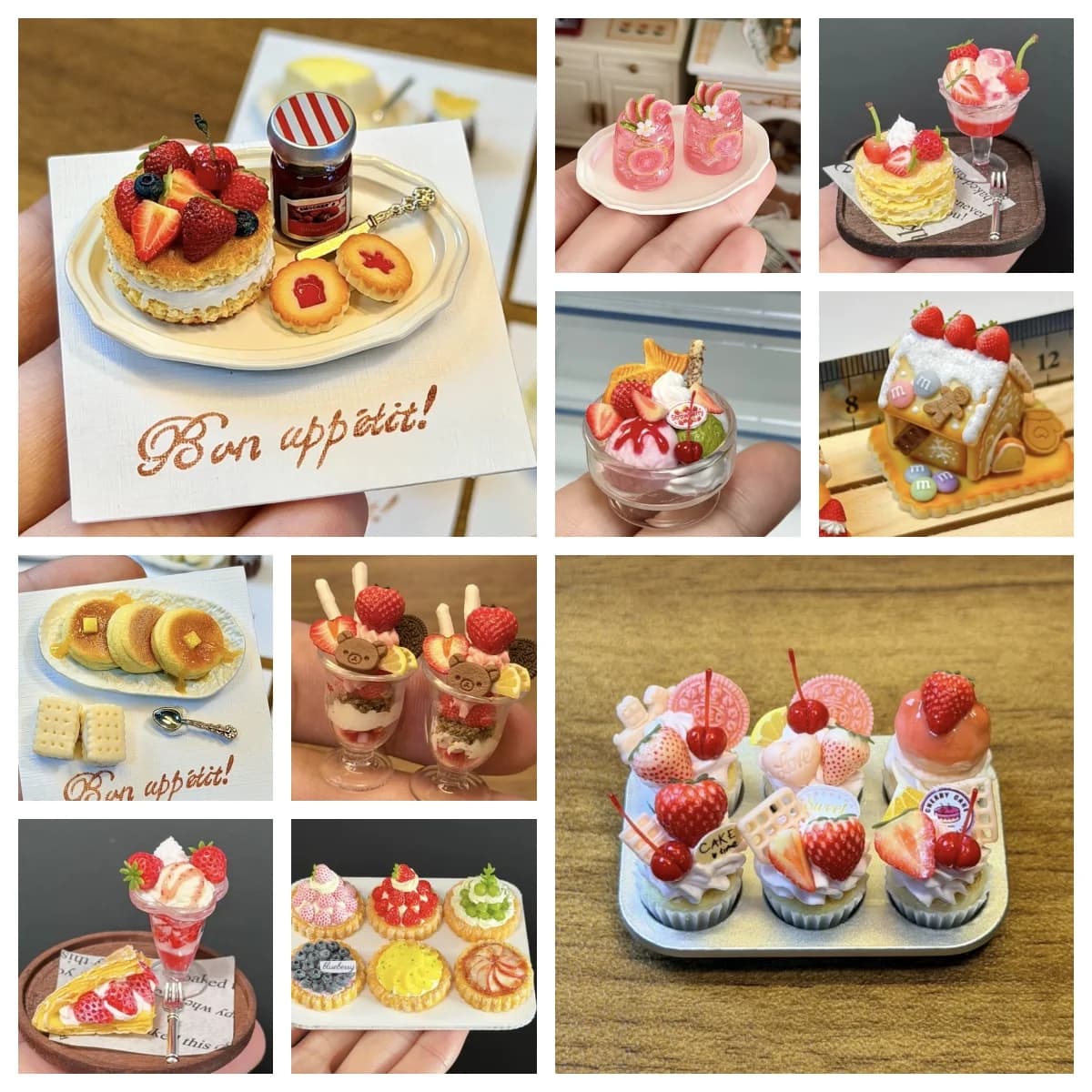 Handmade Miniature Dessert Set Realistic Strawberry Naked Cake Mille Crepe Fruit Tart Muffin Parfait Cupcake BJD Food Play Decor