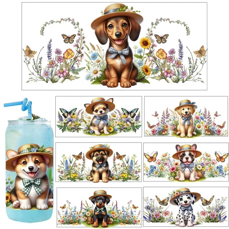 Pastoral style Cute dogs artwork UV Sticker Party DIY Decals 3D transfers uvdtf tumbler seal stickers 16oz uv dtf cup wraps
