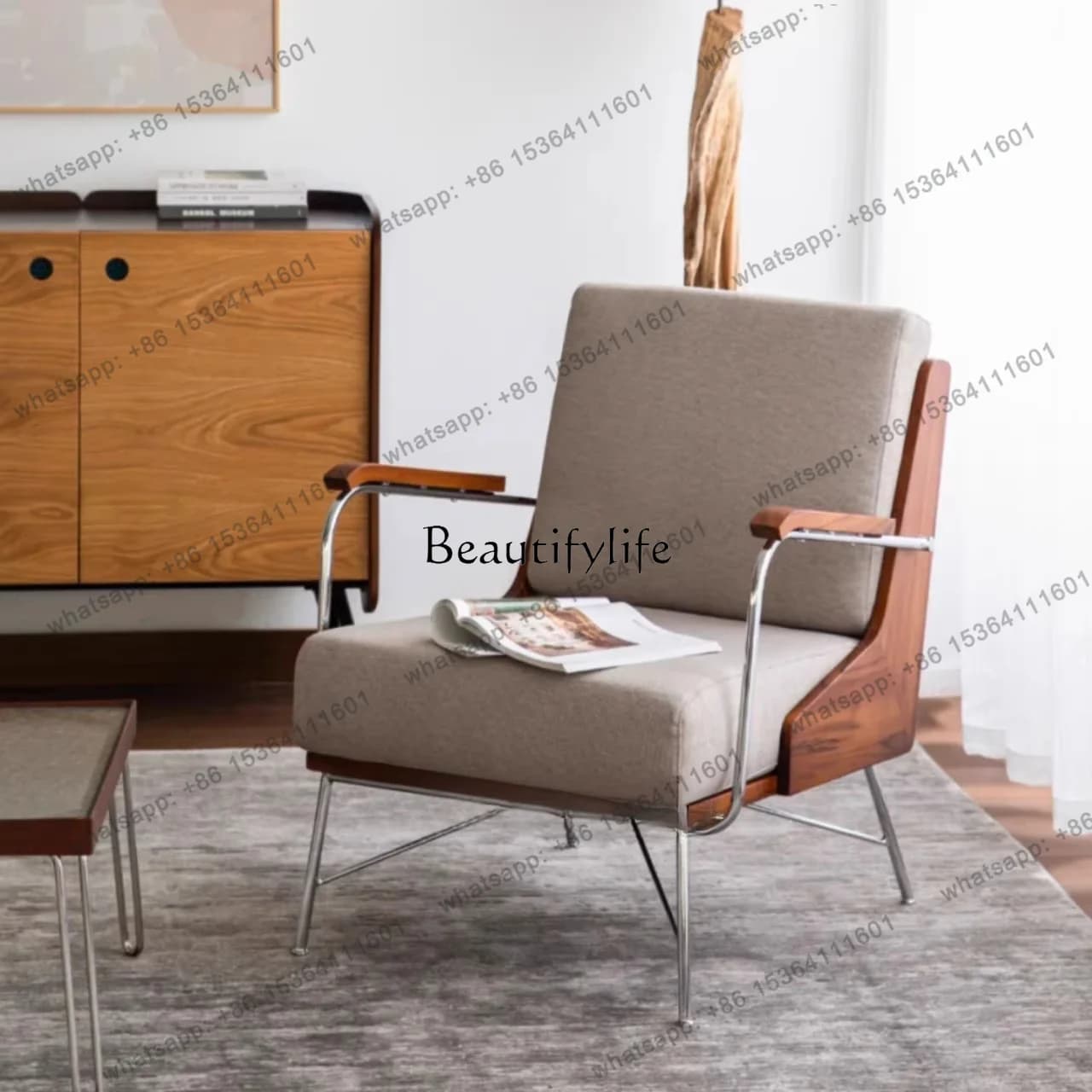 XX Italian Designer Modern Light Luxury Solid Wood Metal Legs Bedroom Study Leisure Chair Simple Living Room Single Sofa Chair