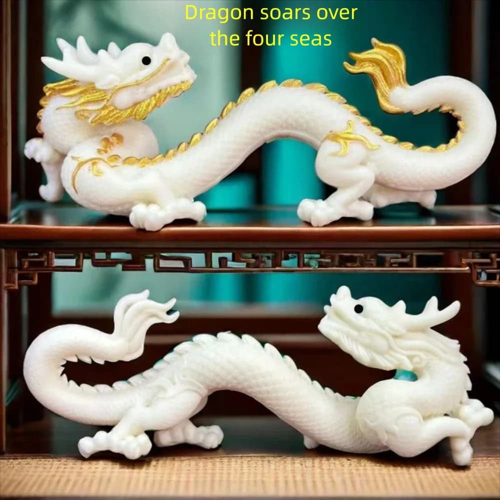 Chinese Dragon Statue Feng Shui White Resin Figurine Imitation Ivory Mythical Beast Ornament for Home Office Car Decor Gift
