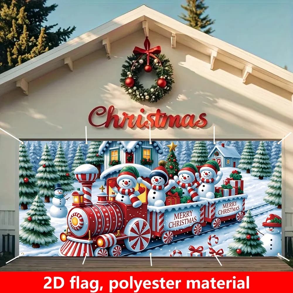2D Flat 1pc Large Christmas Party Garage Door Decoration, 180x400cm Garage Banner, Merry Christmas Snow Train, Snowman Pattern