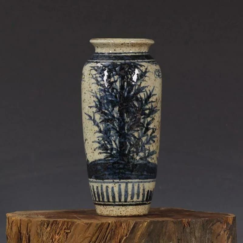 Blue and White Porcelain Marked Handpainted Bamboo Wax Vase 6.5" Collection Nice Art Work