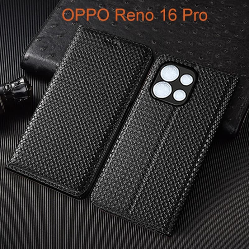 Genuine Leather Flip Case For OPPO Reno 16 Pro Phone Cover Card Cases Litchi Pattern Handmade