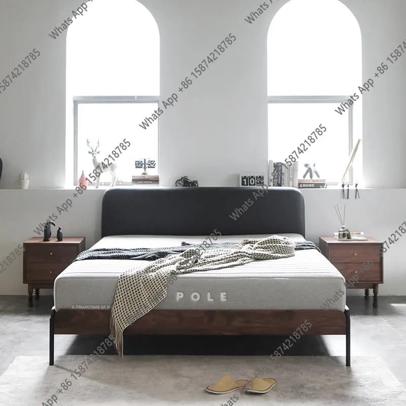 B Nordic Italian Simple Solid Wood Bed Leather Fabric Double Bed Master Bedroom Black Walnut Light Luxury Wedding Bed Minimalist