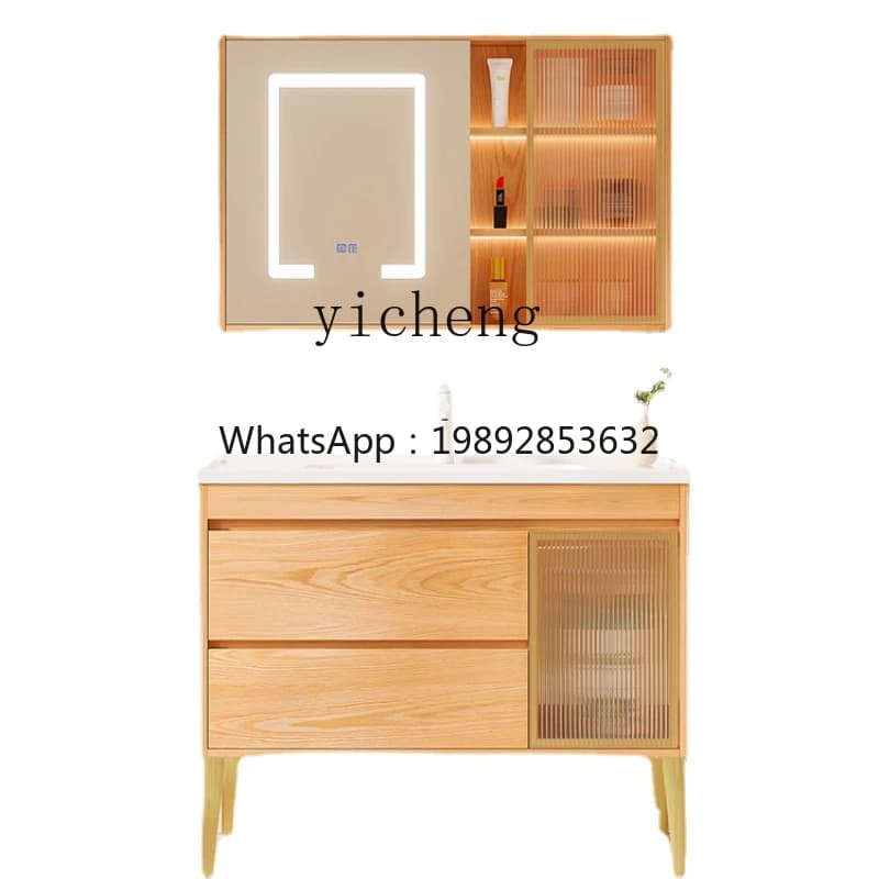 ZZZc Rubber Wood Floor Bathroom Cabinet Washstand Washbasin Combination Log Ceramic Integrated Basin