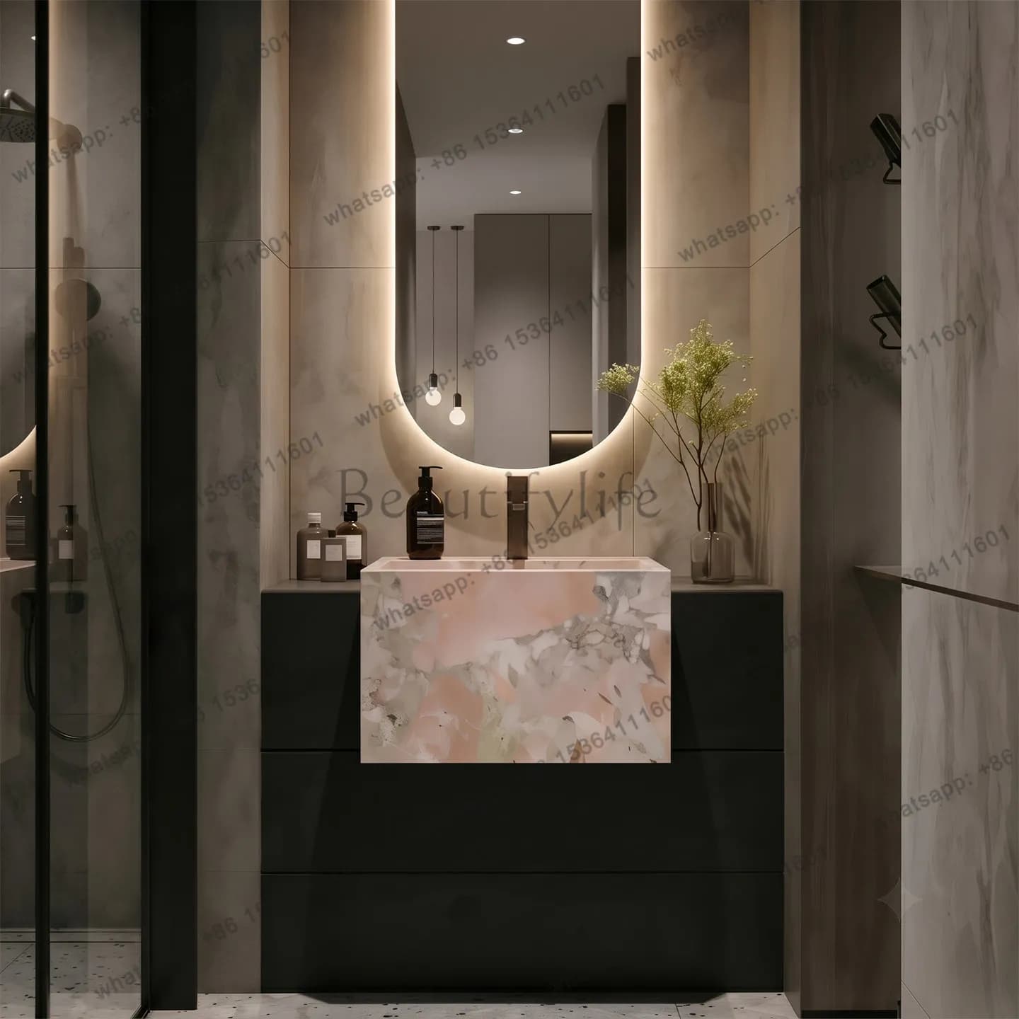 Italian hotel wind rock slab yellow travertine integrated basin bathroom cabinet combination hand wash bar cafe toilet  bathroom