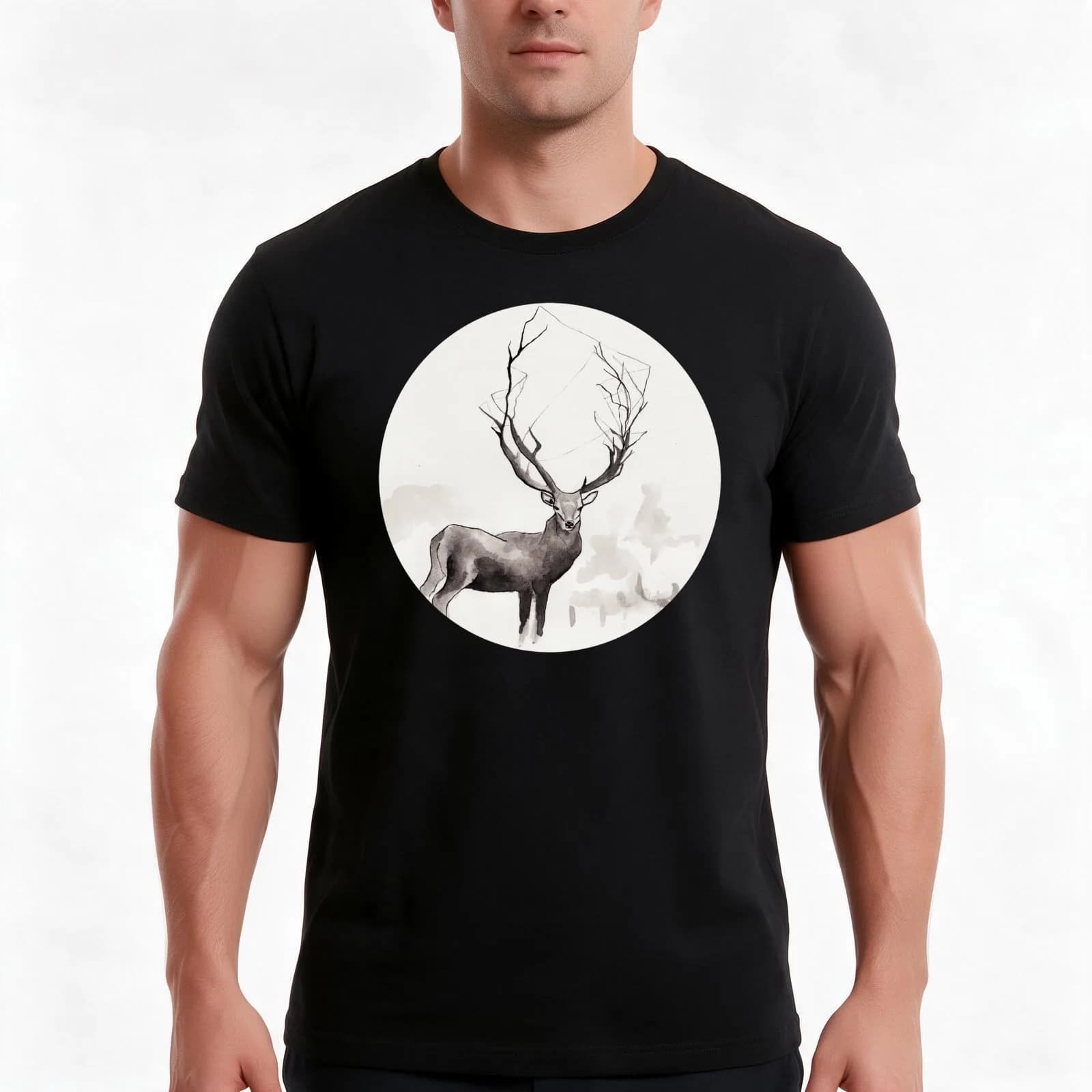 Art Illustration - Deer in the fog T-Shirt, Summer Casual Cotton Tee, Oversized Streetwear Tops, Vintage Graphic Print