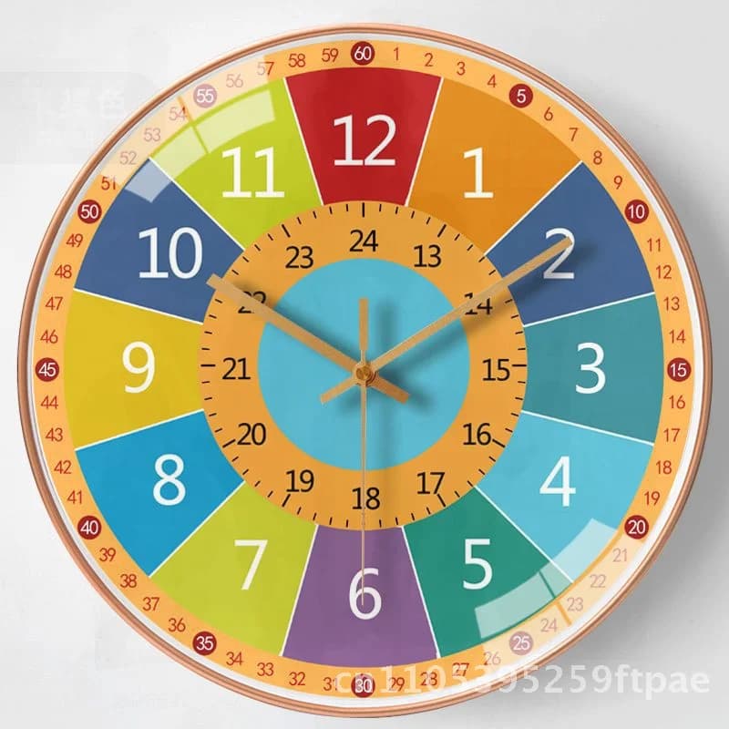 8 Inch 20cm Cartoon Creative Early Education Wall Clock Mute Quartz Movement round Shape Single-Sided Home Living Room Decor