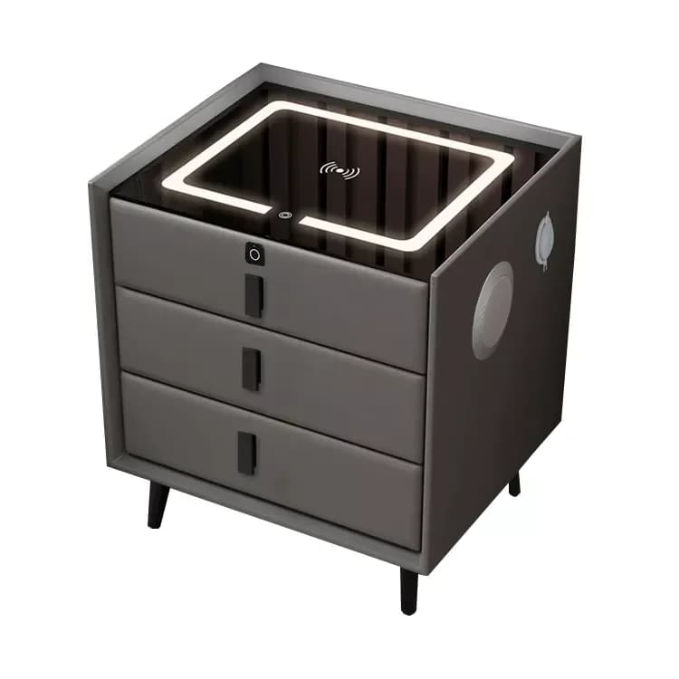 New Arrival Custom Wireless Charging Fingerprint Unlock Drawers Desktop Led Ambient Light Bedside Table Acrylic Nightstand