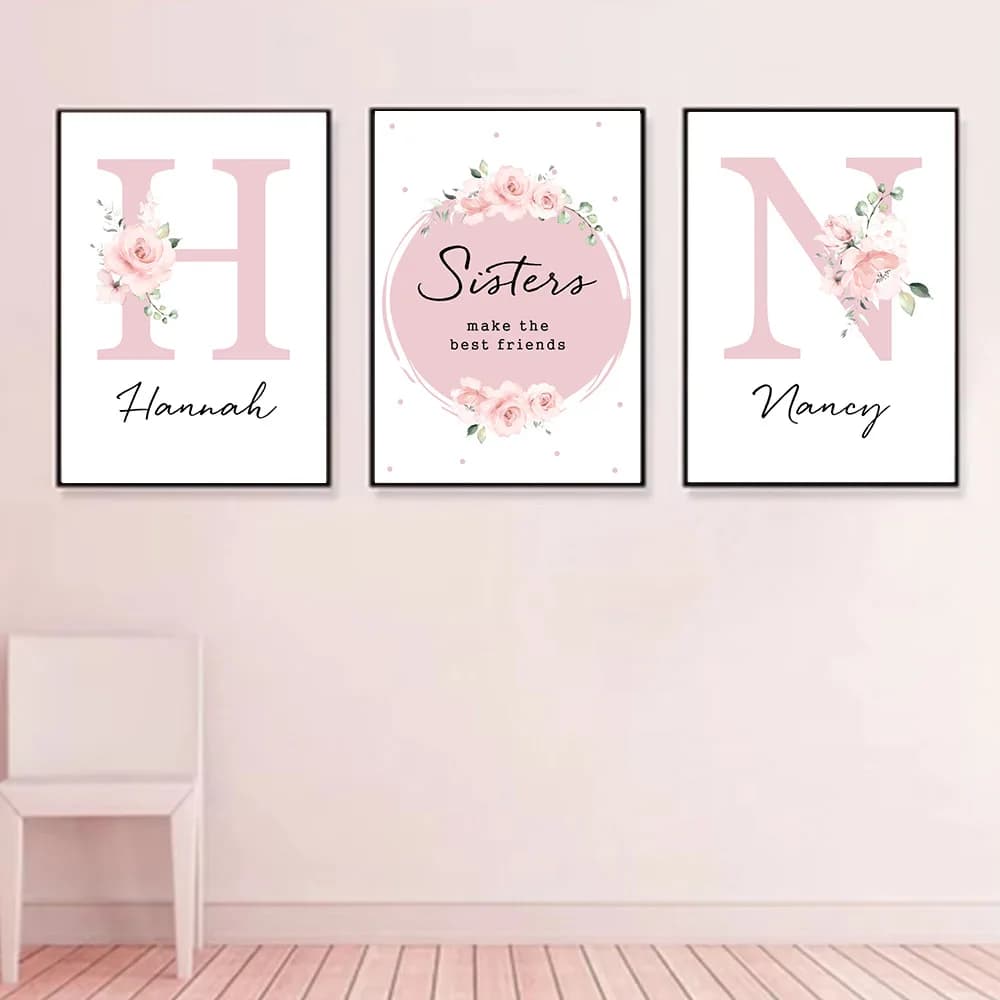 Girls Custom Name Wall Art Canvas Poster Sisters Print Painting Pink Flowers Posters Nursery Wall Pictures Baby Room Decoration