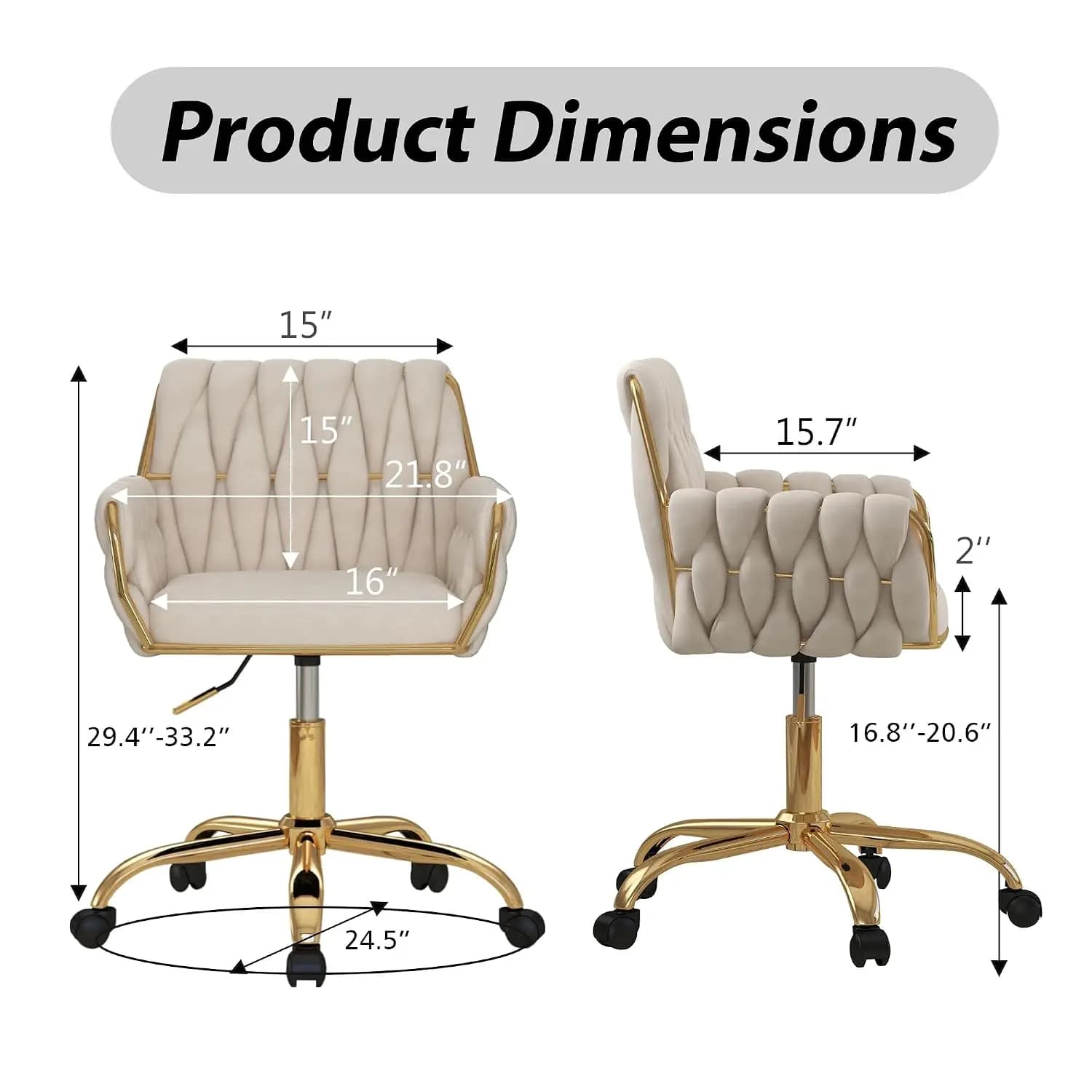 Woven Desk Chair, Velvet Home Office Vanity Chair with Gold Base, Beige