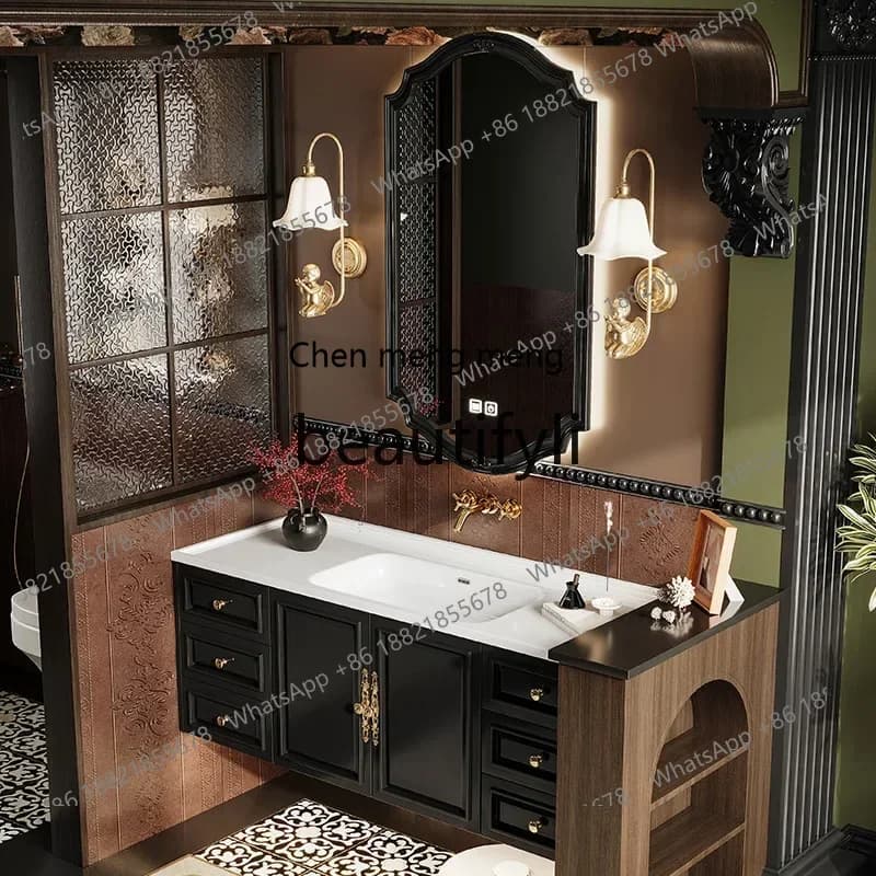 ss8350 New French oak bathroom cabinet ceramic integrated basin combination bathroom retro washstand