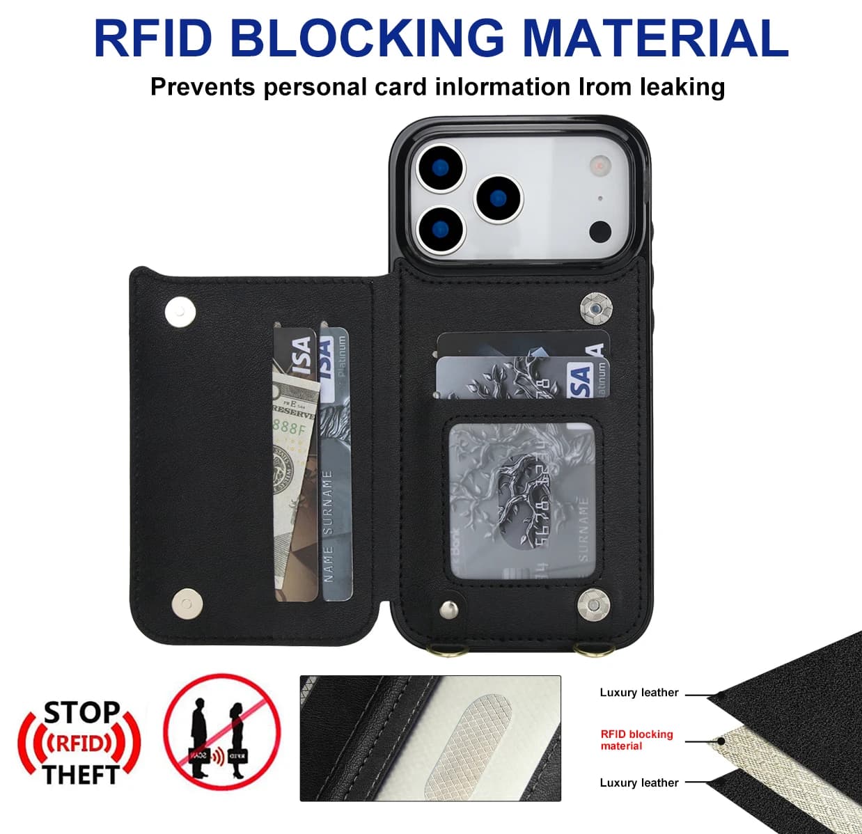 Luxury Crossbody Strap Wallet Leather Card Holder Kickstand Case For iPhone 17 Pro Max 16 15 14 13 12 11 Pro Max Plus RFID Cover