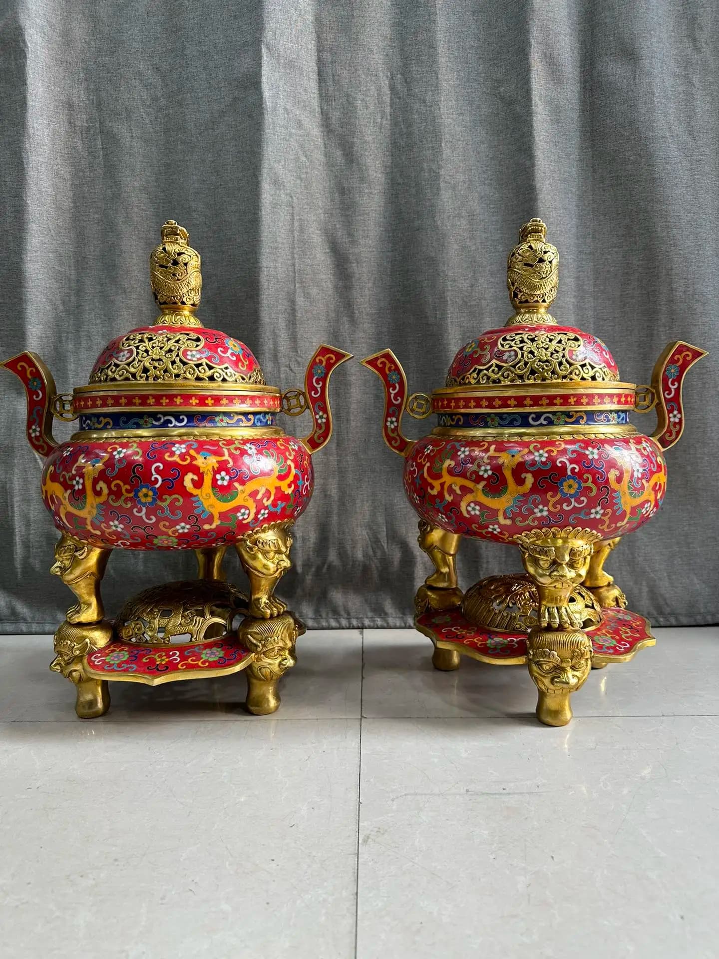 20"Tibetan Temple Collection Old Bronze Cloisonne Enamel Dragon Statue Ruyi Ear Incense burner Base A Set Town house