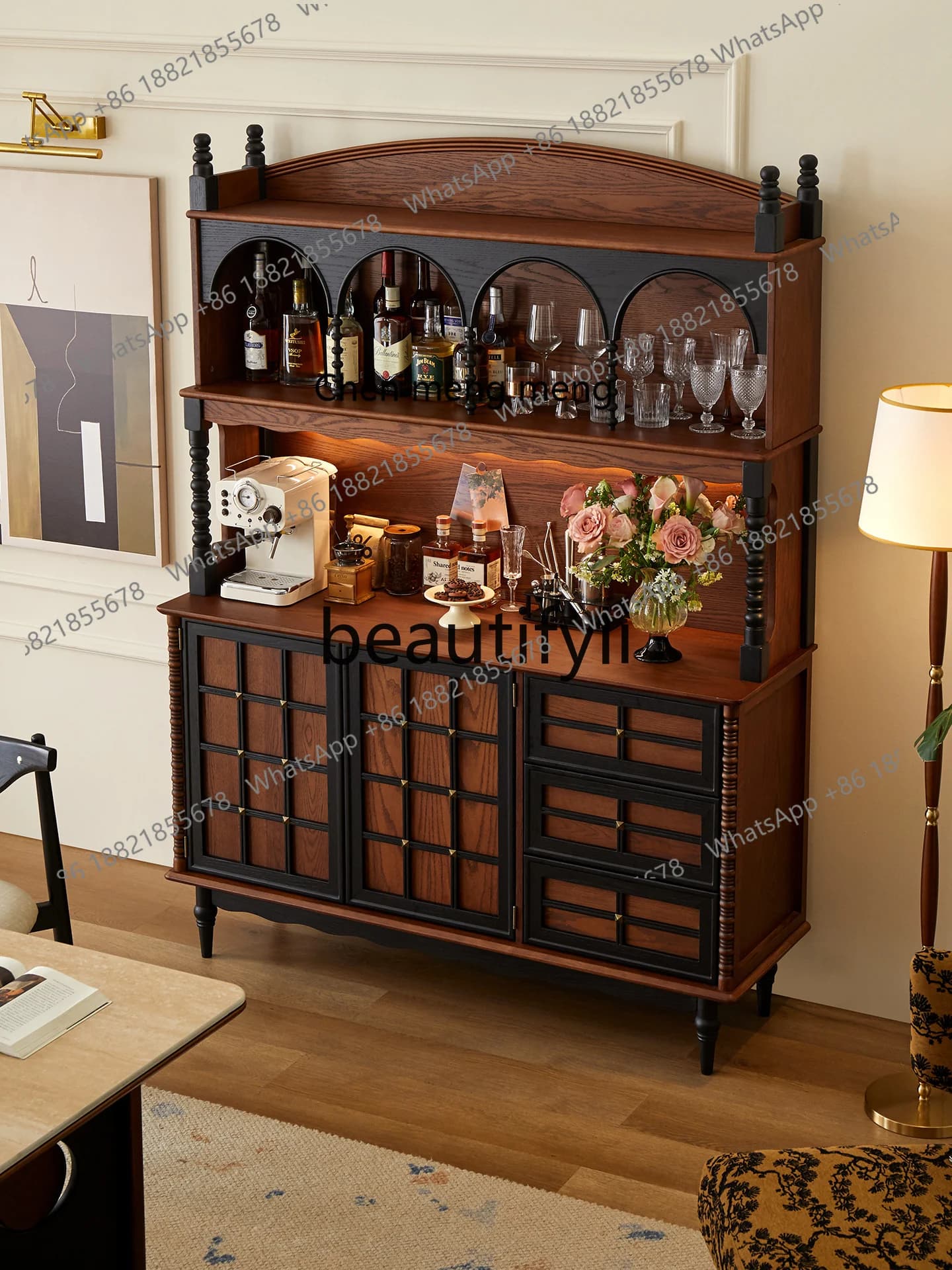 Medieval solid wood dining side cabinet French retro wall integrated locker tea cabinet