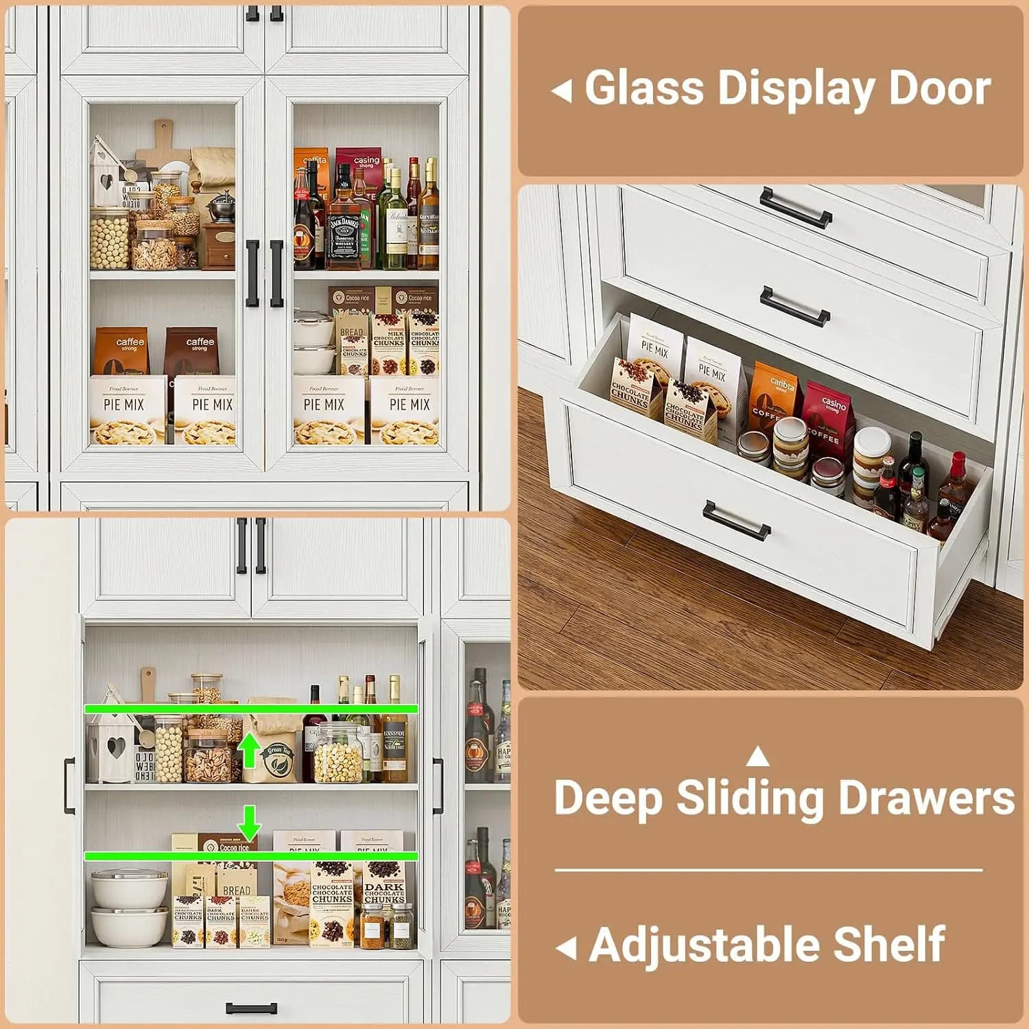 80" Tall Modular Kitchen Pantry Cabinet with Glass Door and Drawers