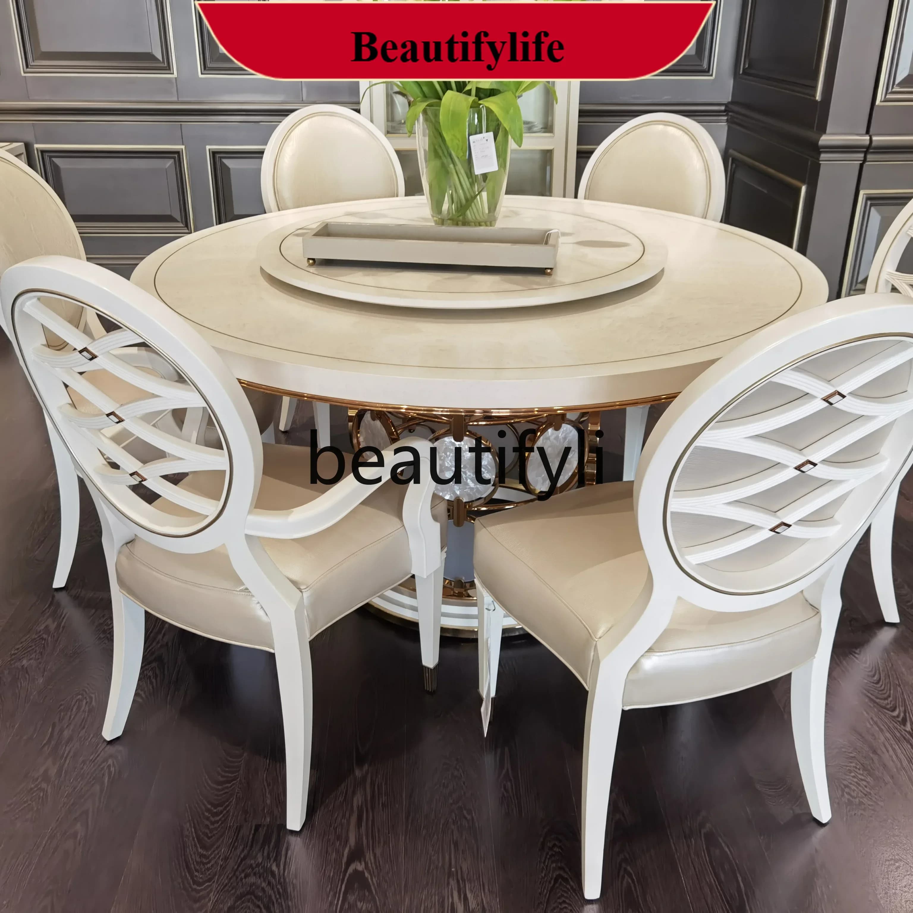 z183  Light luxury modern carving round wooden American dining table upholstered dining chair customization