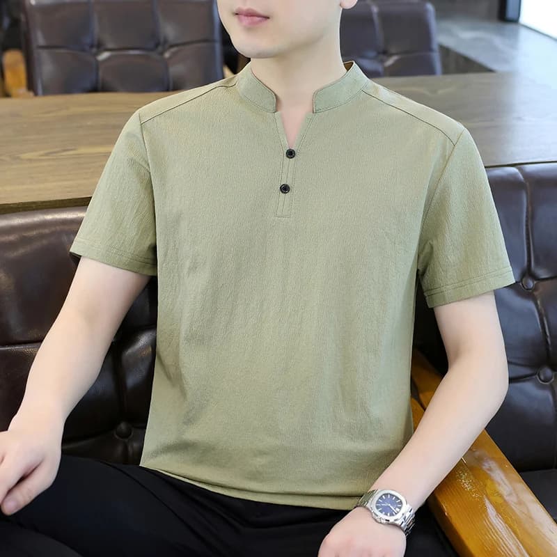 2026 Summer Men's Silk-Linen Peplum Collar Cotton-Linen Short-Sleeved T-Shirt Polo Shirt