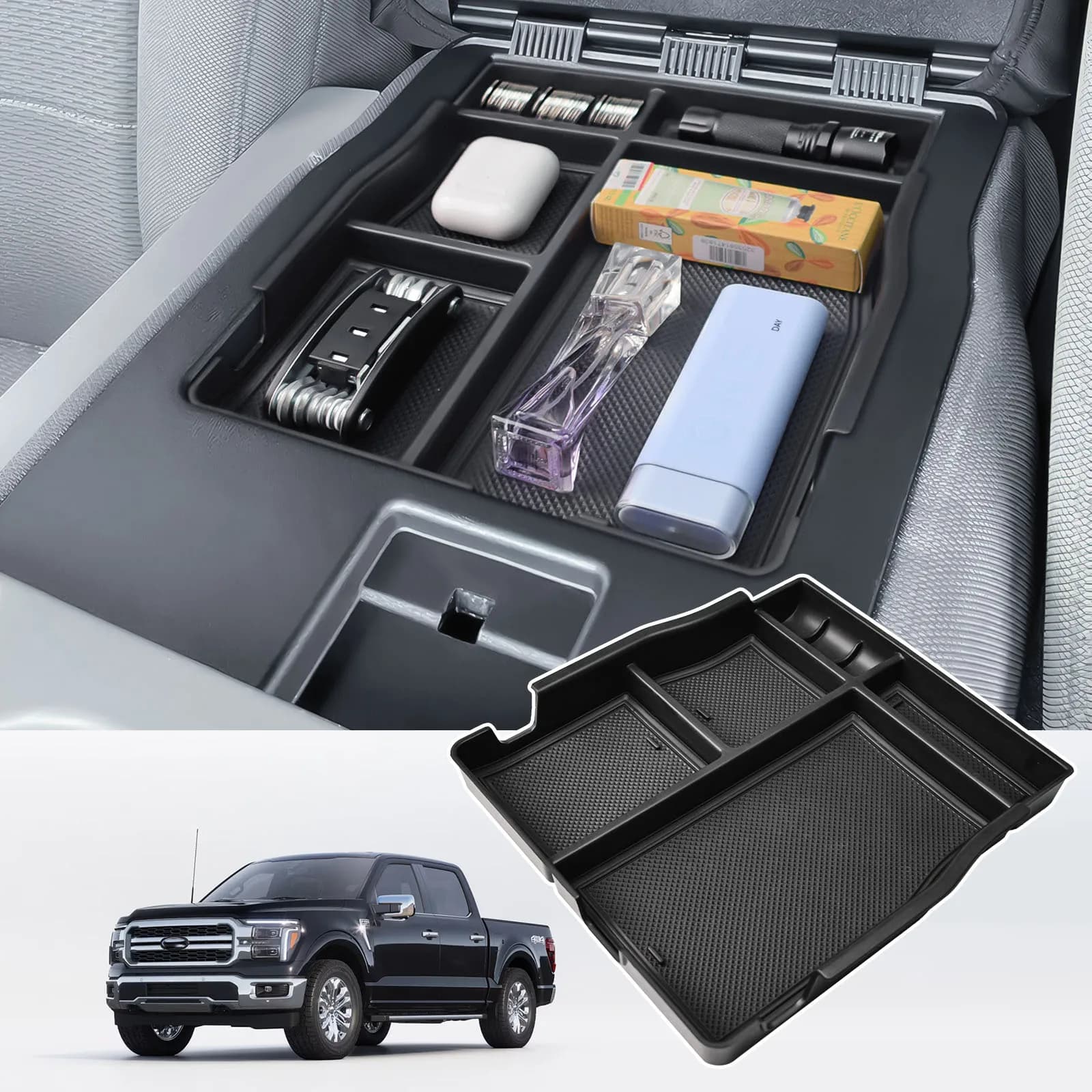 Front Center Seat Organizer for 2015-2024 2025 Ford F150 Accessories Jump Seat Armrest Storage Box Tray Secondary Car Organizer