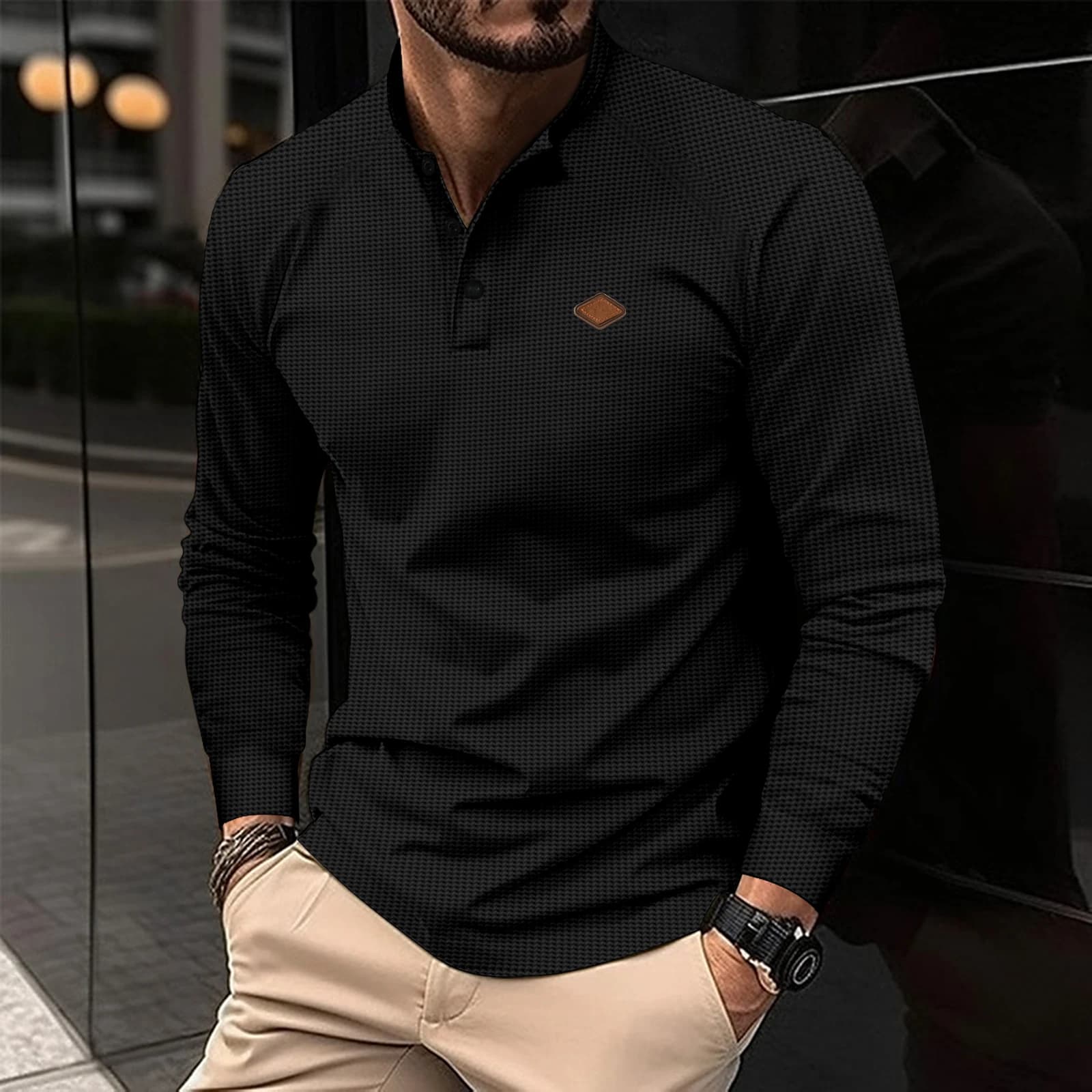 Men's New Waffle Henley Shirt - Long Sleeve Stand Collar Polo Shirt with Contrast Button, Casual Slim Fit Tee for Spring Fa