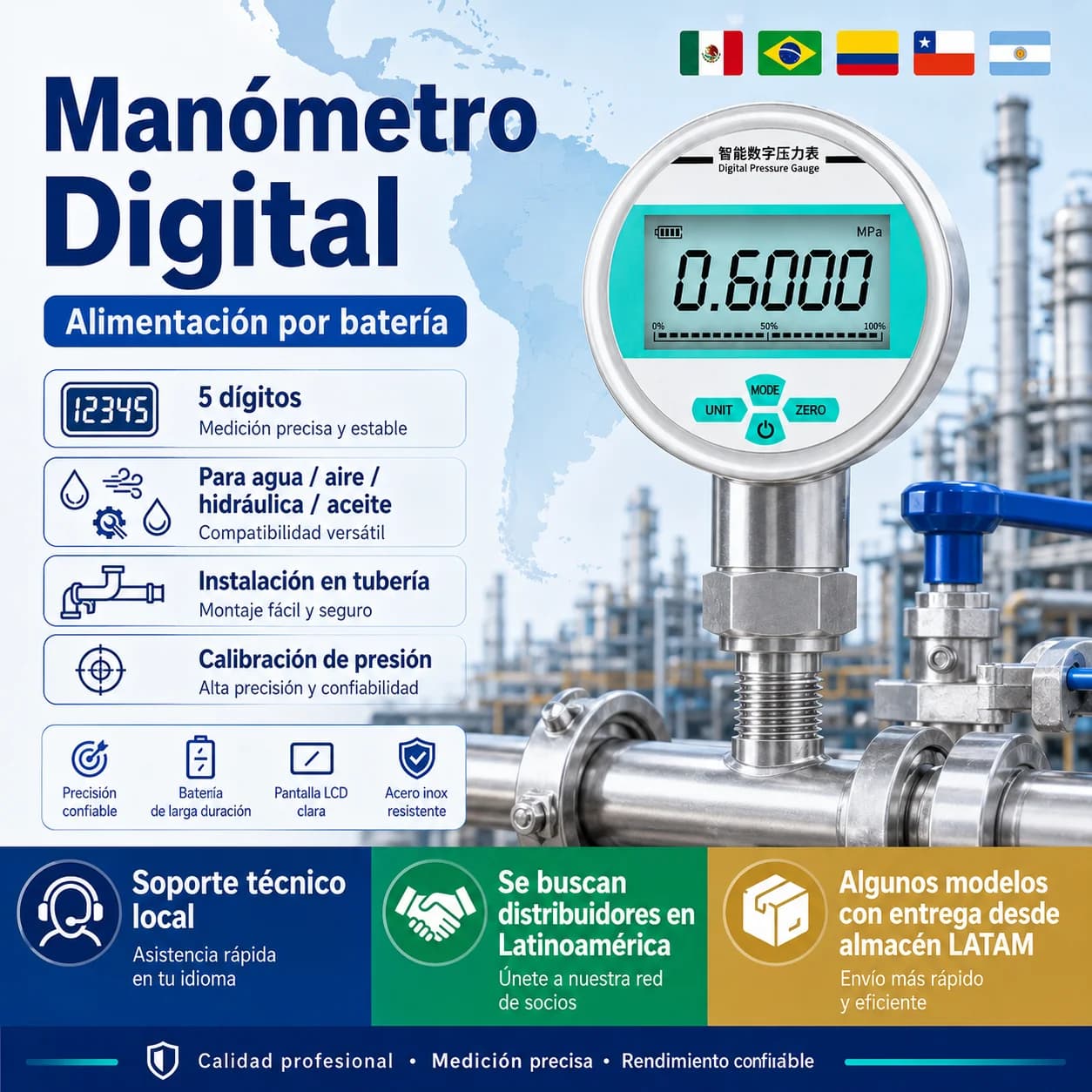 Digital Manometer Power Supply Electronic Digital Pressure Gauge Battery Powered Water Air Oil and Hydraulic for Pipe