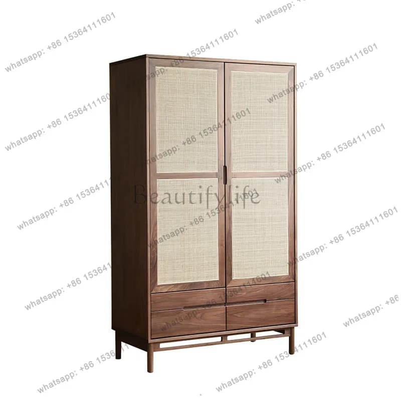 Japanese retro rattan wardrobe combination walnut solid wood double door storage small apartment
