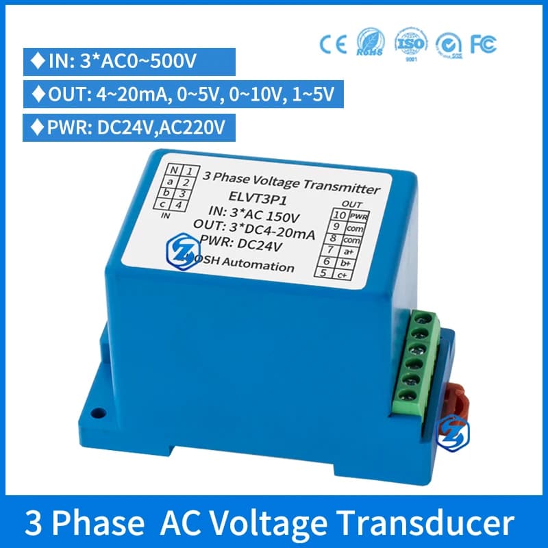 3 Phase AC Voltage Transmitter AC0-100V220V380V500V Isolated Converter 4-20mA 0-10V 0-5V Three Phase AC Voltage Transducer