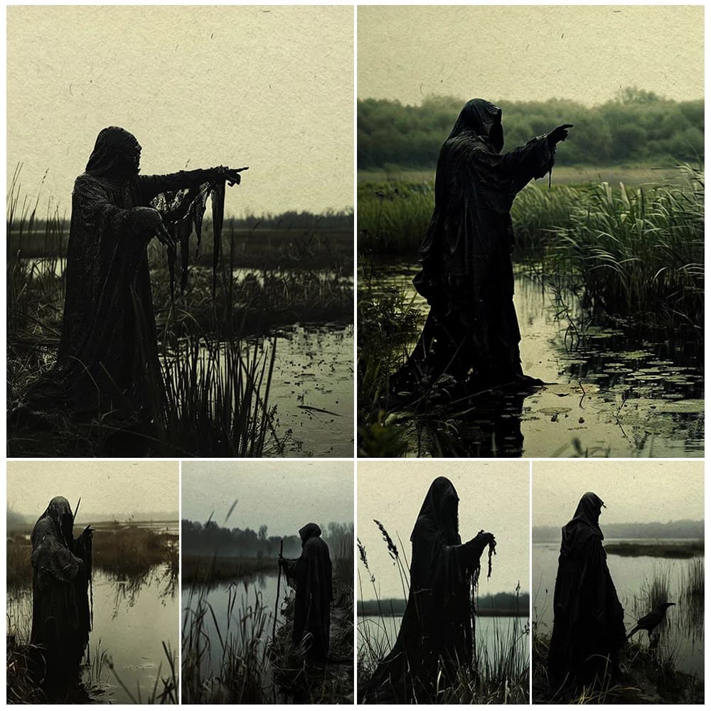 Black-Robed Undead In The Mire,Abstract Wall Art,Canvas Painting,Horror Gothic Fantasy Art,Poster Print,For Living Room Decor