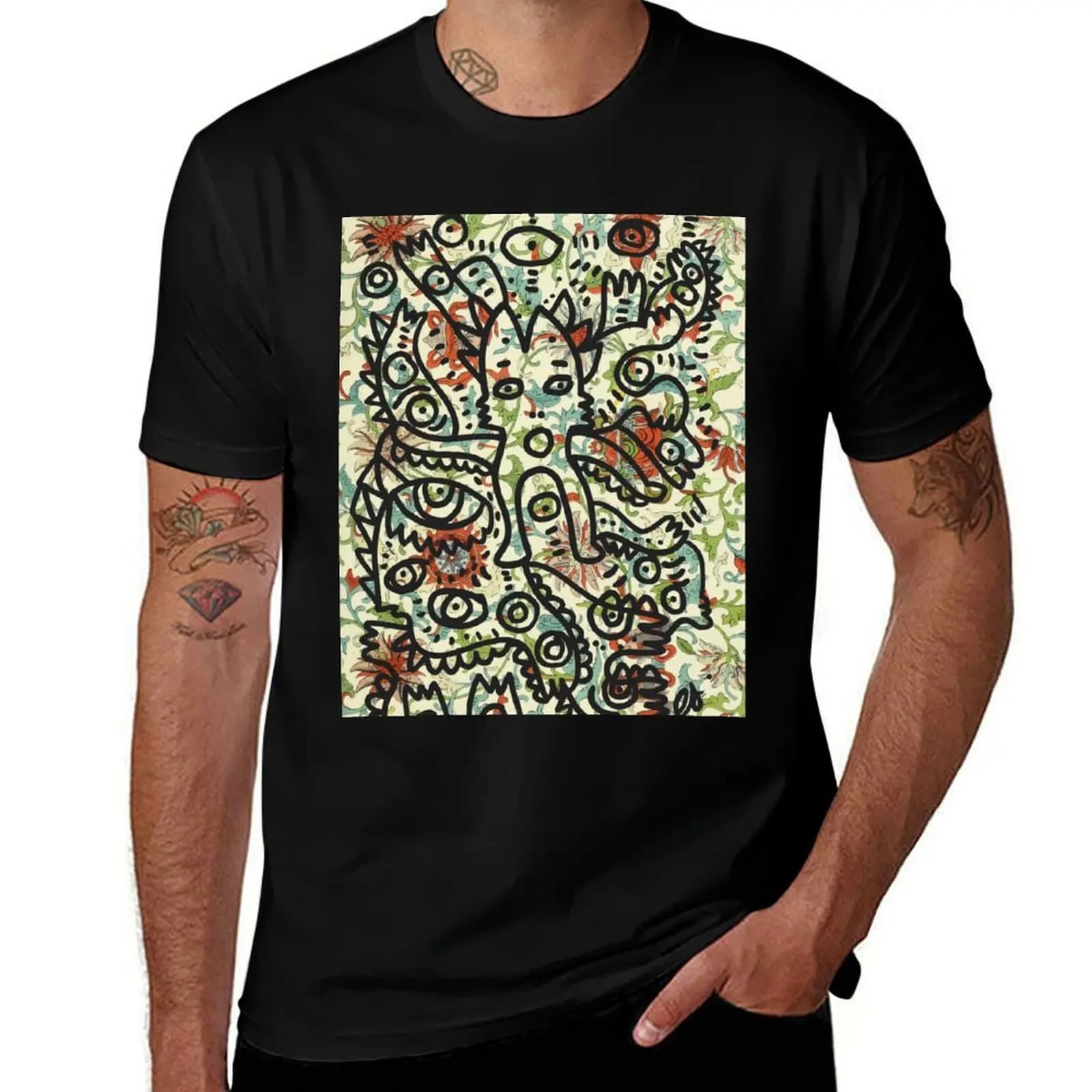 Graffiti Art Monsters and Vintage Ornament Pattern T-Shirt Soft Casual Short Sleeve Cotton Tee T-Shirt