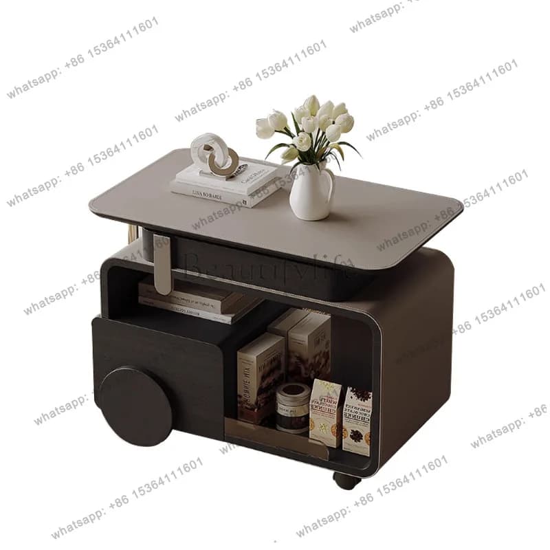 Black solid wood mobile coffee table liftable small apartment living room side cabinet trolley