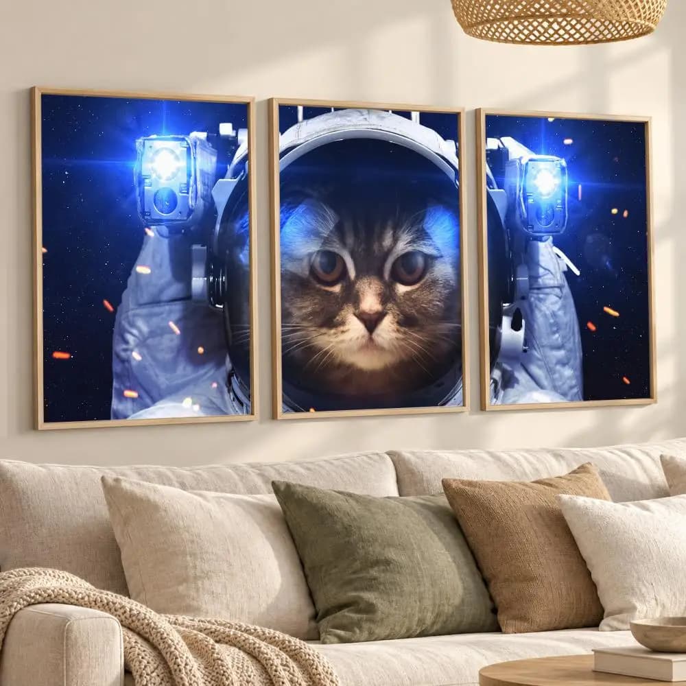Astronaut Cat Outer Space Painting Calligraphy Canvas Prints Set of 3 Wall Art for Living Room Decor Vintage Fashion Decals