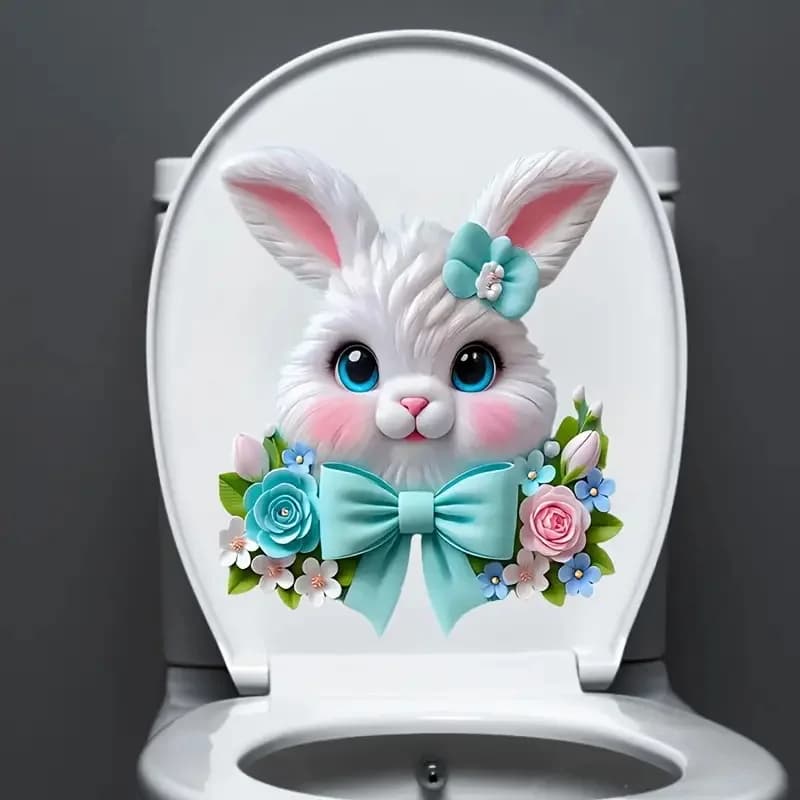 Cute Rabbit and Flowers  Toilet Stickers Decoration for Living Room, Wall, Bedroom, and Home Decor Car Decals Self-Adhesive