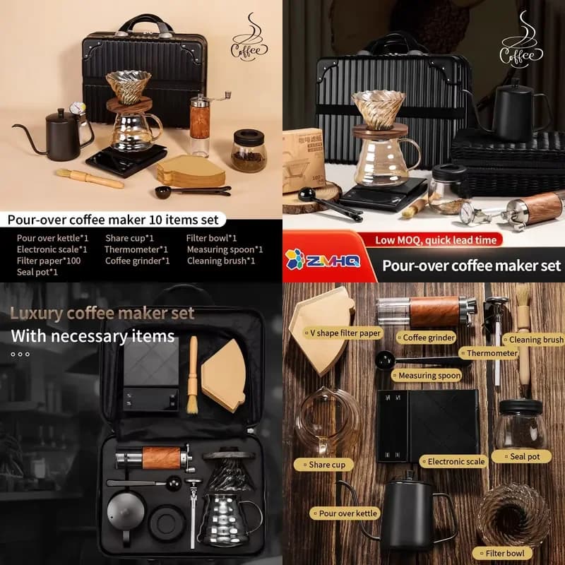 Camping All-in-One Portable Coffee Maker Set Pour Kettle Borosilicate Glass Components Stainless Steel Measuring Spoon