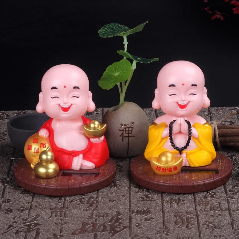 Solar Cute Buddha Wealth Mascot Ornaments Home Room Decor, Feng Shui Nod Maitreya Buddha Monk Figurine Car Interior Decoration