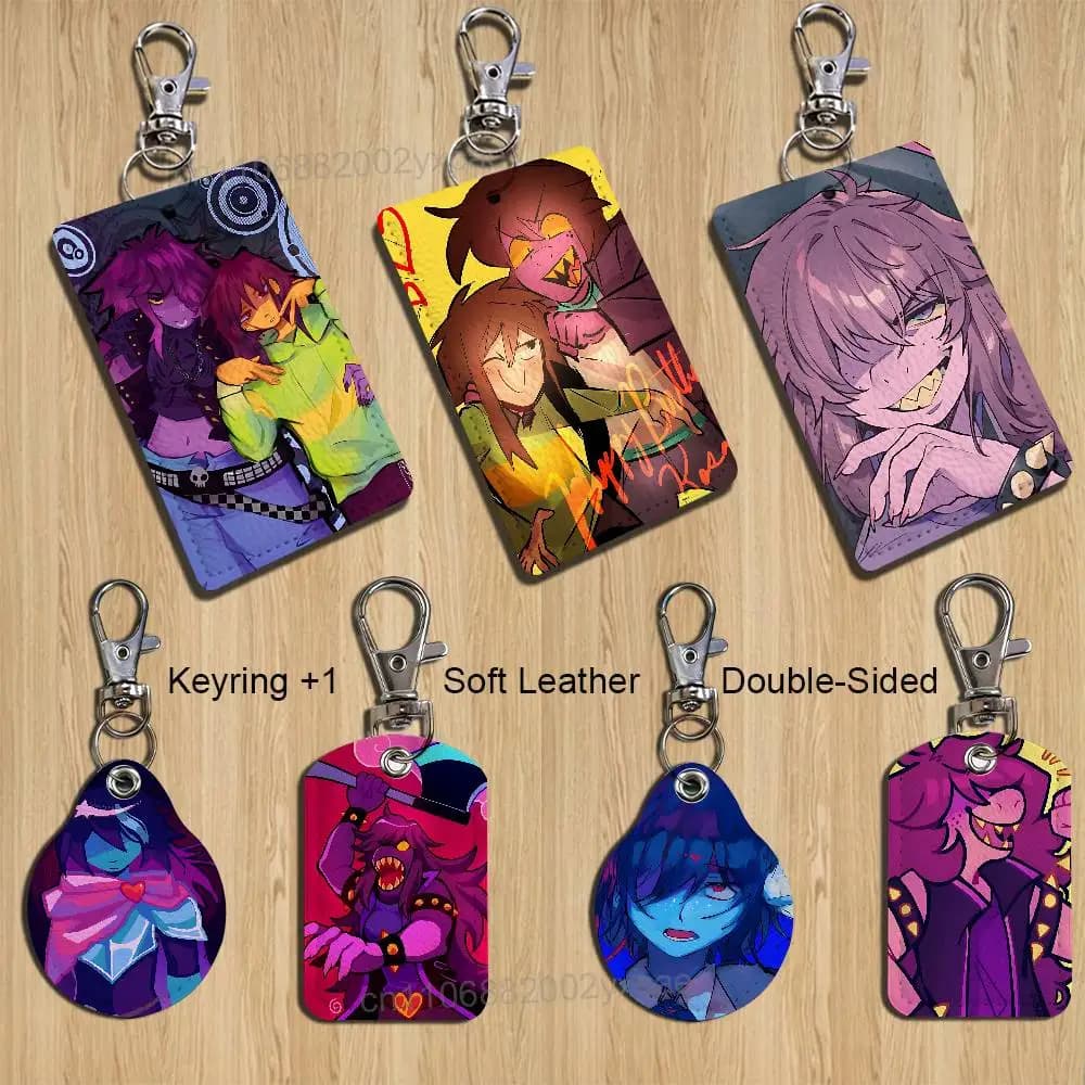 Two person motif Krusie Kris Susie Deltarune Rectangle ID Case Keychain Access Bag Key Tag Ring Leather Card Holder Key Ring