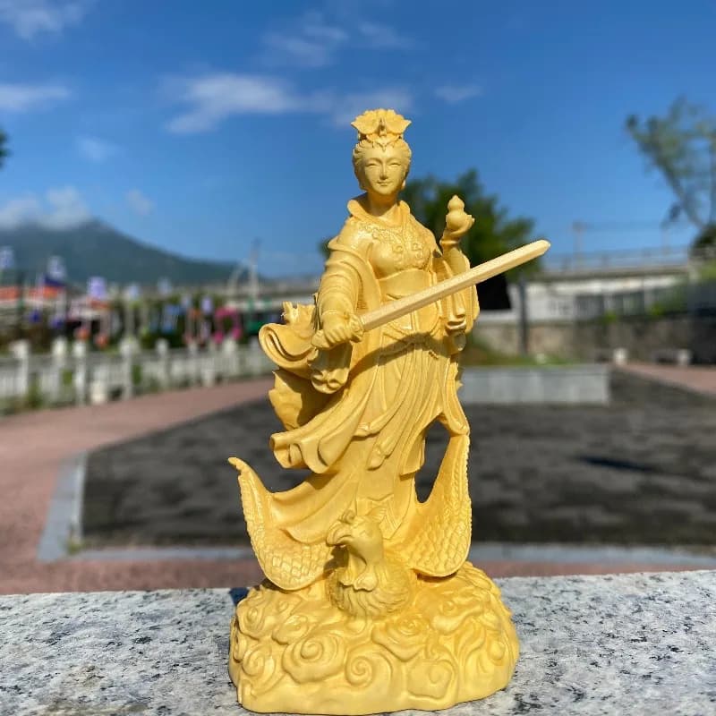 Hand-Carved Boxwood Nine Heavens Goddess Statue – Jiutian Xuannü Riding Phoenix, Chinese Taoist Deity Figurine for Home Altar