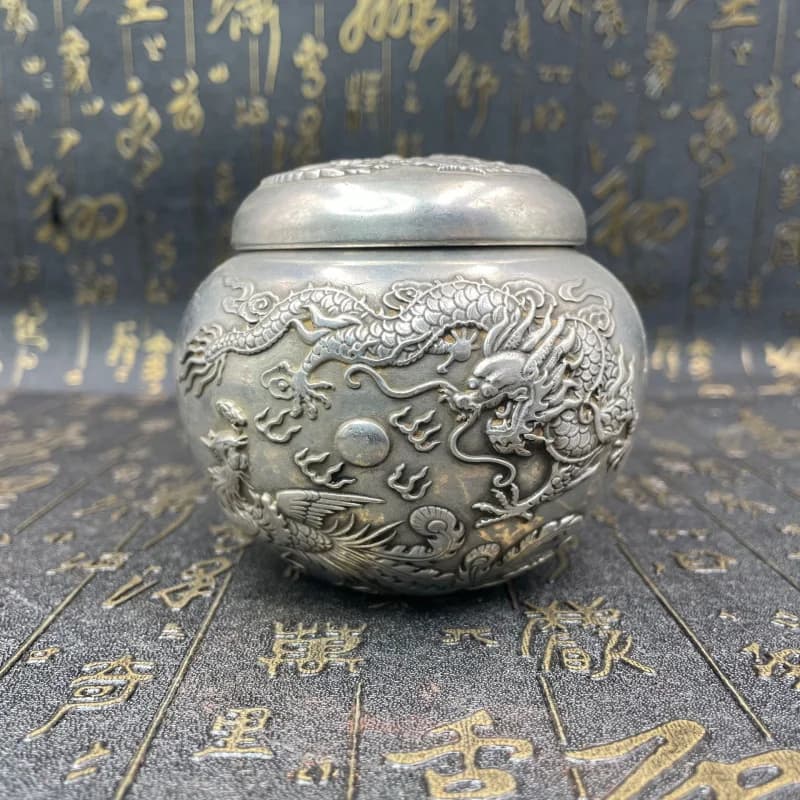 Bronze Alloy Silver-Plated Ornaments Copper Crafts Dragon and Phoenix Relief Tea Canister Ornament