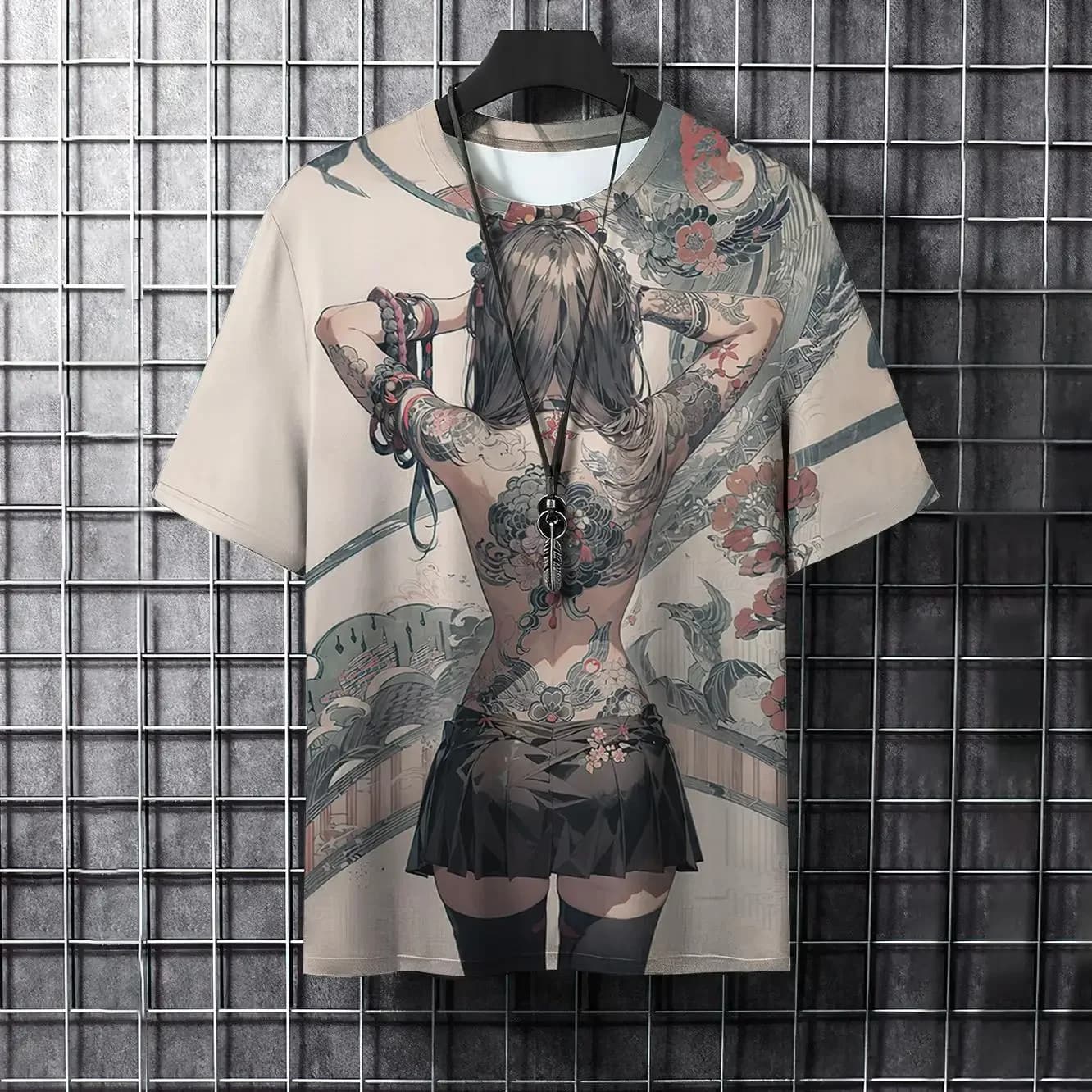 Men's Cartoon Animal T-Shirt Cool Samurai Tattoo Graphic Trendy Casual Harajuku Streetwear 3D Printed Hip Hop Graphic Tee Top