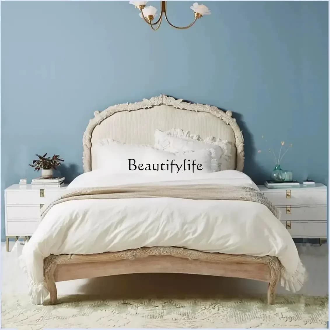 yj21  Hand-Carved French Solid Wood Princess Bed American Antique Relief Bird Fabric French Retro Double Soft Bed