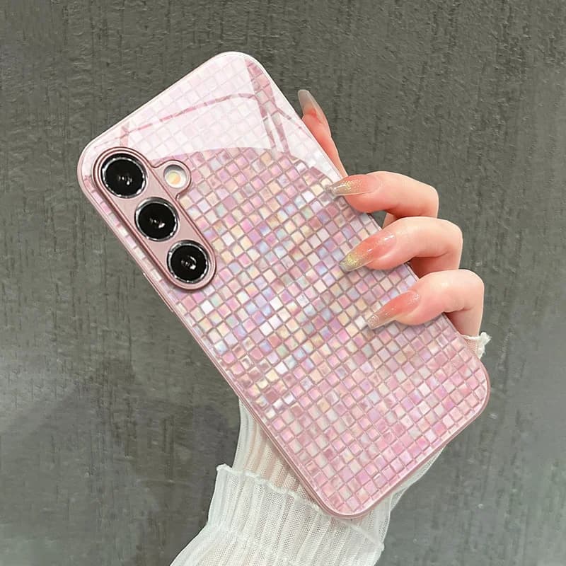 Aesthetic Sparkle Square Mosaic Glass Phone Case for Samsung Galaxy S26 S25 S24 S23 S22 S21 Ultra FE Plus Slim Protective Case