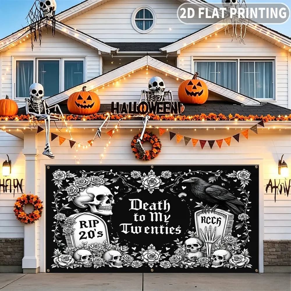 1pc 2D FLAT Halloween Party Garage Banner, Death To My Twenties Skull Roses Pattern, No Power Need, for Garage Door Decor